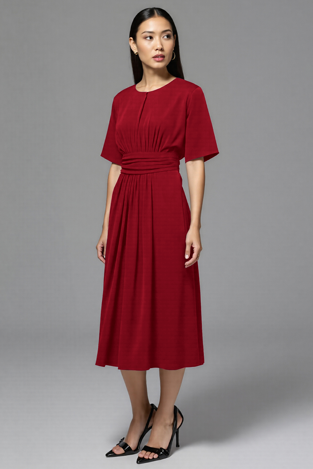 Navy Satin A Line Scoop Neck Midi Work Dress