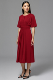 Navy Satin A Line Scoop Neck Midi Work Dress