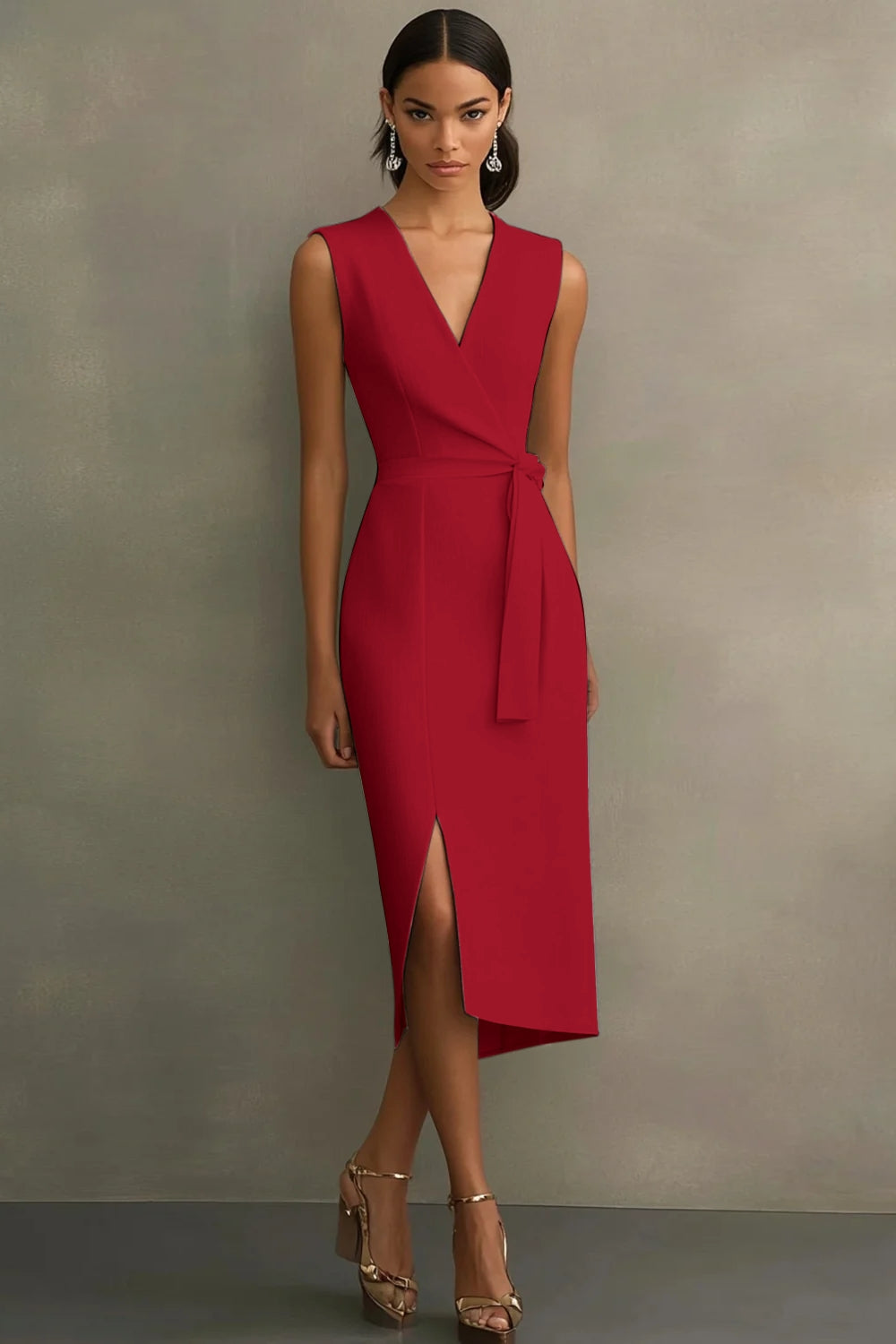 White V-Neck Sleeveless Satin Midi Formal Dress with Slit