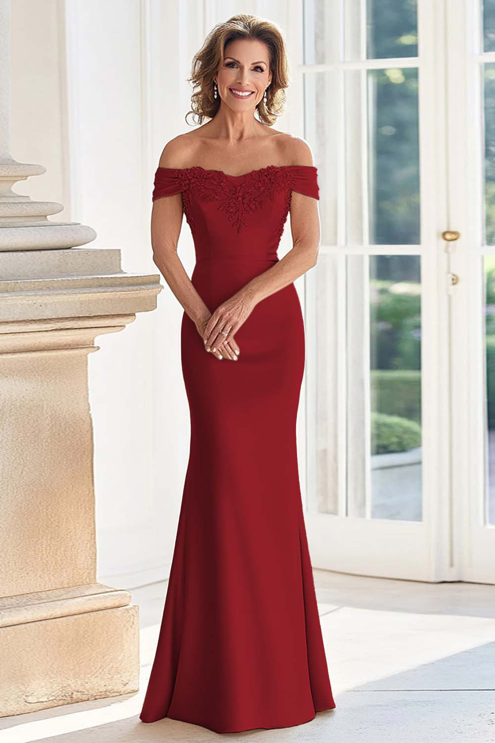 Zapaka Women Champagne Mother of the Bride Dress with Appliques Off the Shoulder Sheath Satin Long Wedding Guest Dress, Champagne / US18W