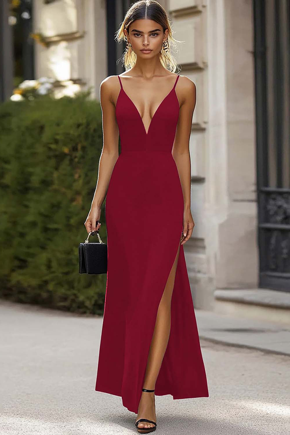 Black Deep V-Neck Satin Sheath Long Formal Dress with Slit