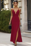Black Deep V-Neck Satin Sheath Long Formal Dress with Slit