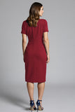 Navy Bodycon Ruched Midi Satin Work Dress with Short Sleeves