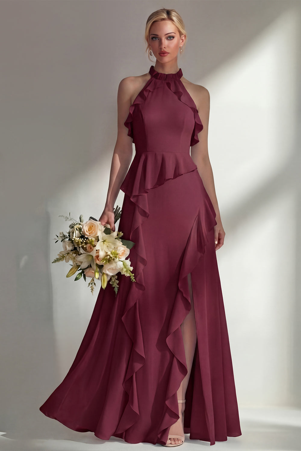 A Line High Neck Ruffled Butter Yellow Long Beach Bridesmaid Dress with Slit