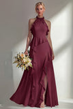 A Line High Neck Ruffled Butter Yellow Long Beach Bridesmaid Dress with Slit