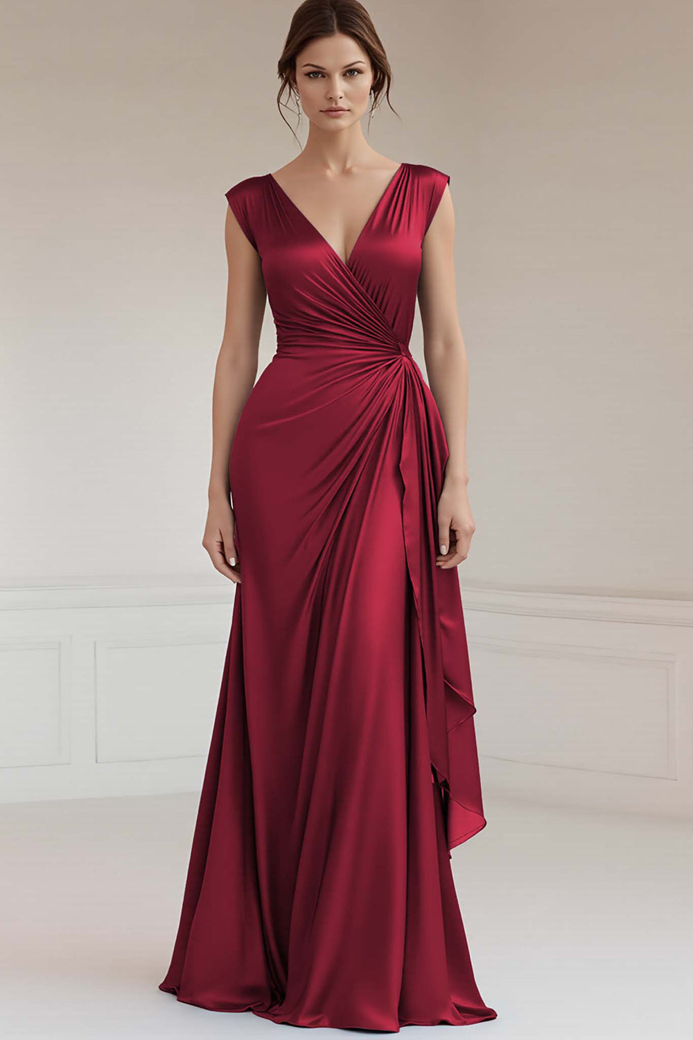 Grey Blue V-Neck Sheath Long Ruched Formal Dress with Ruffles
