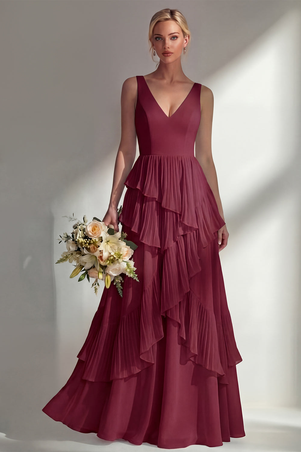 V-Neck A Line Light Pink Long Beach Bridesmaid Dress with Ruffles