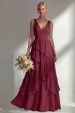 V-Neck A Line Light Pink Long Beach Bridesmaid Dress with Ruffles