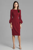 Navy Satin Bodycon Midi Bateau Neck Work Dress with Long Sleeves