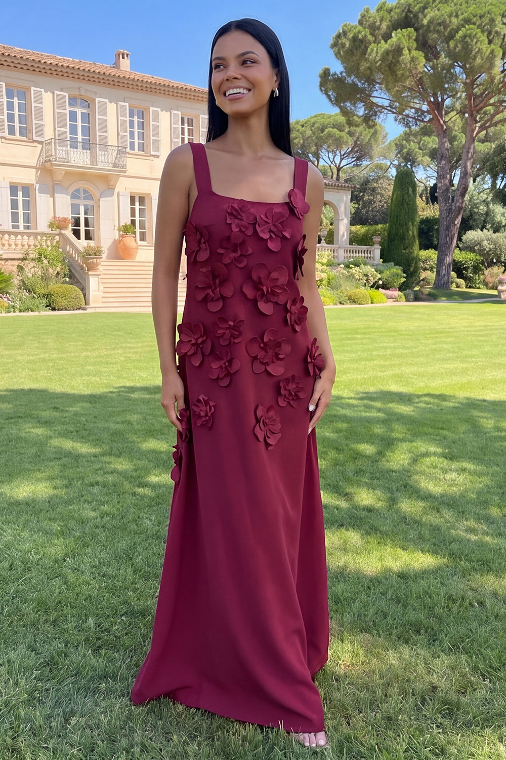 Hot Pink A Line Square Neck Floral Maxi Wedding Guest Dress