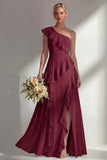 Emerald One shoulder A Line Ruffled Long Beach Bridesmaid Dress with Slit