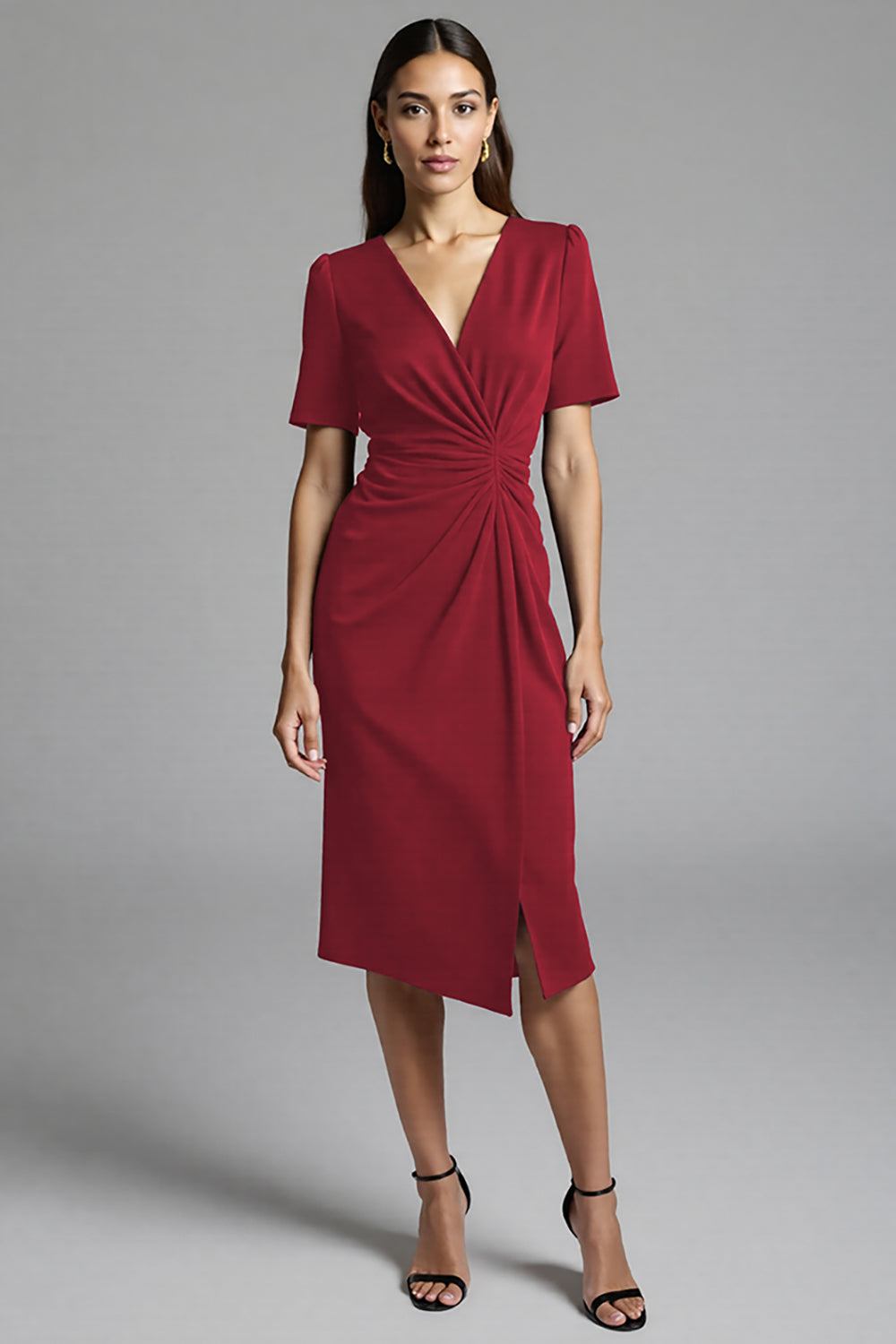 Navy Bodycon V-Neck Midi Satin Work Dress with Short Sleeves