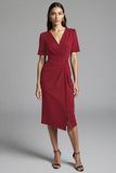 Navy Bodycon V-Neck Midi Satin Work Dress with Short Sleeves