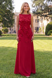 Hot Pink A Line Boat Neck Floral Long Wedding Guest Dress