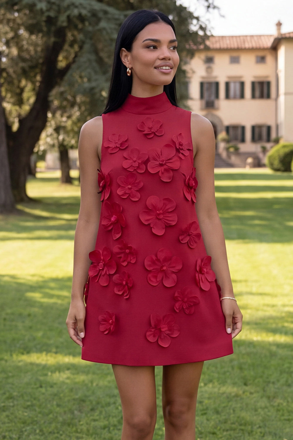 Hot Pink Short Floral High Neck A Line Homecoming Dress