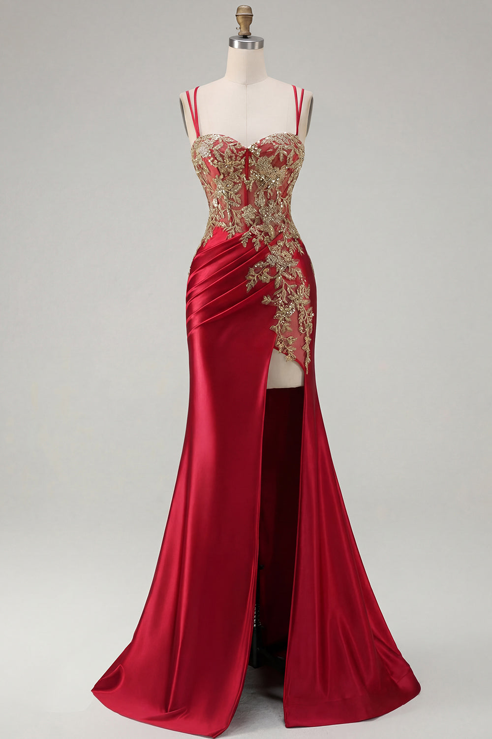 Sparkly Black Beaded Floral Satin Appliqued Long Corset Prom Dress with Slit