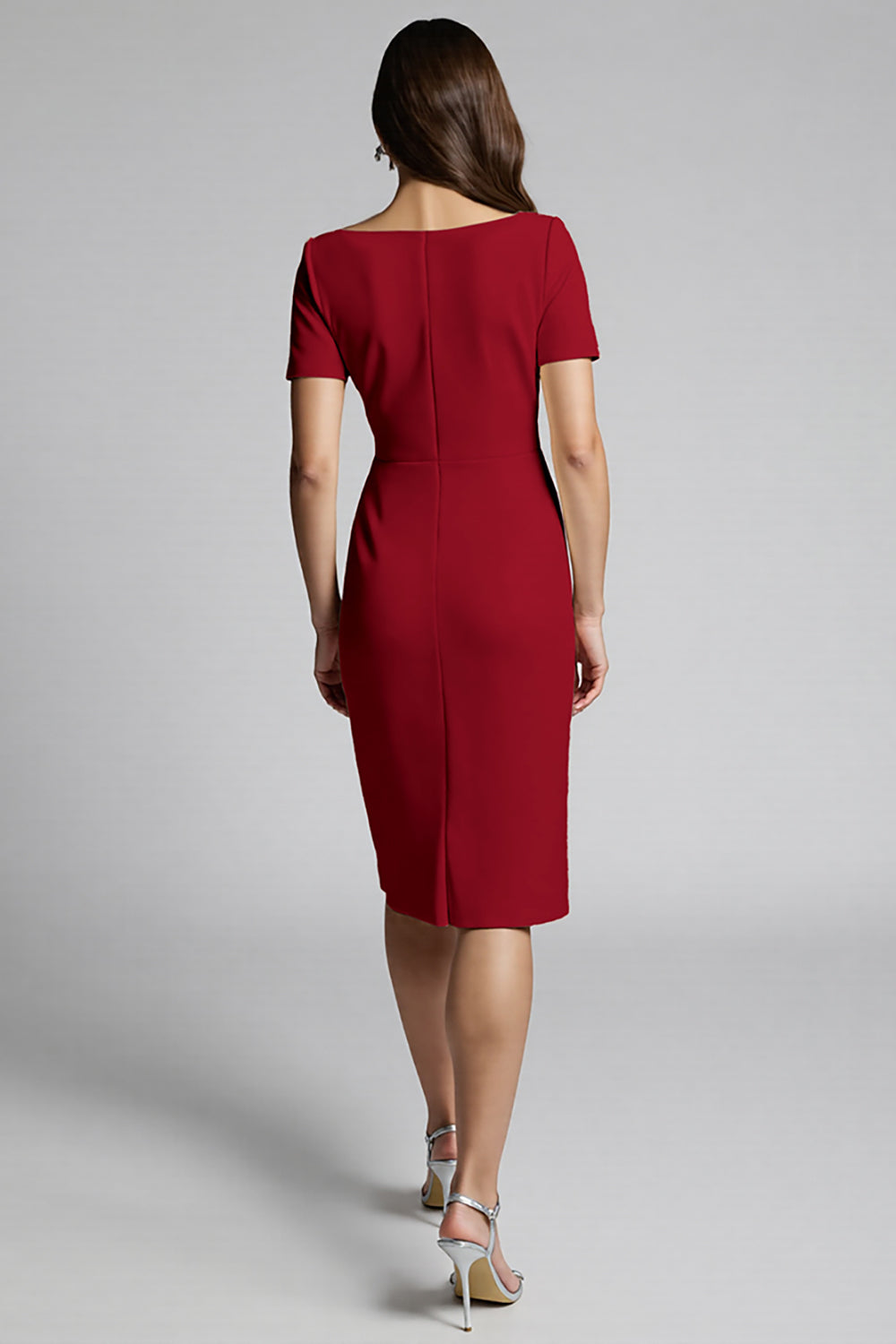 Champagne Bodycon Ruffled Midi Satin Work Dress with Short Sleeves