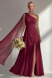 One Shoulder Ruched Burgundy A Line Long Beach Bridesmaid Dress with Side Cape