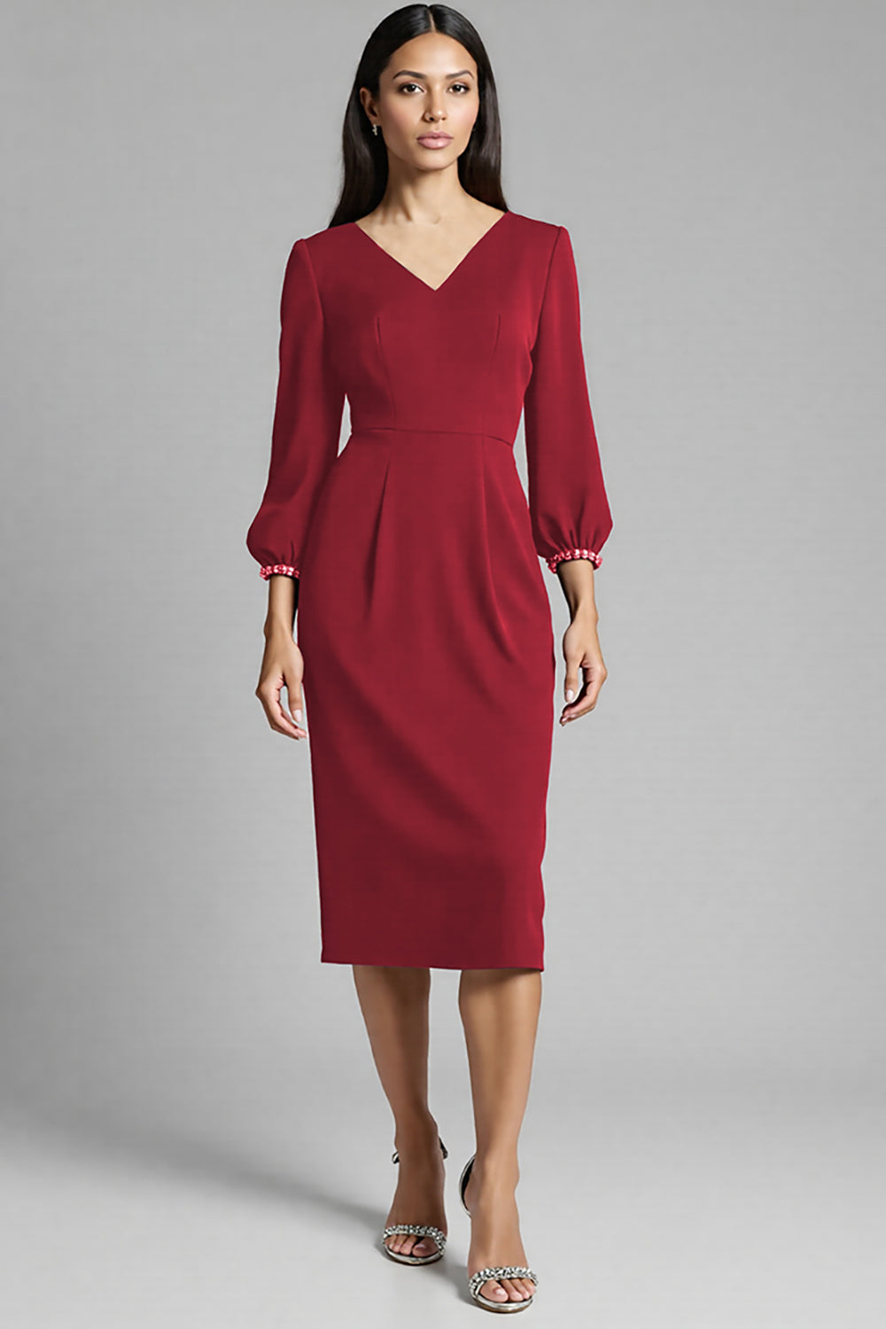 Navy Satin V-Neck Bodycon Midi Work Dress with Long Sleeves