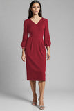 Navy Satin V-Neck Bodycon Midi Work Dress with Long Sleeves