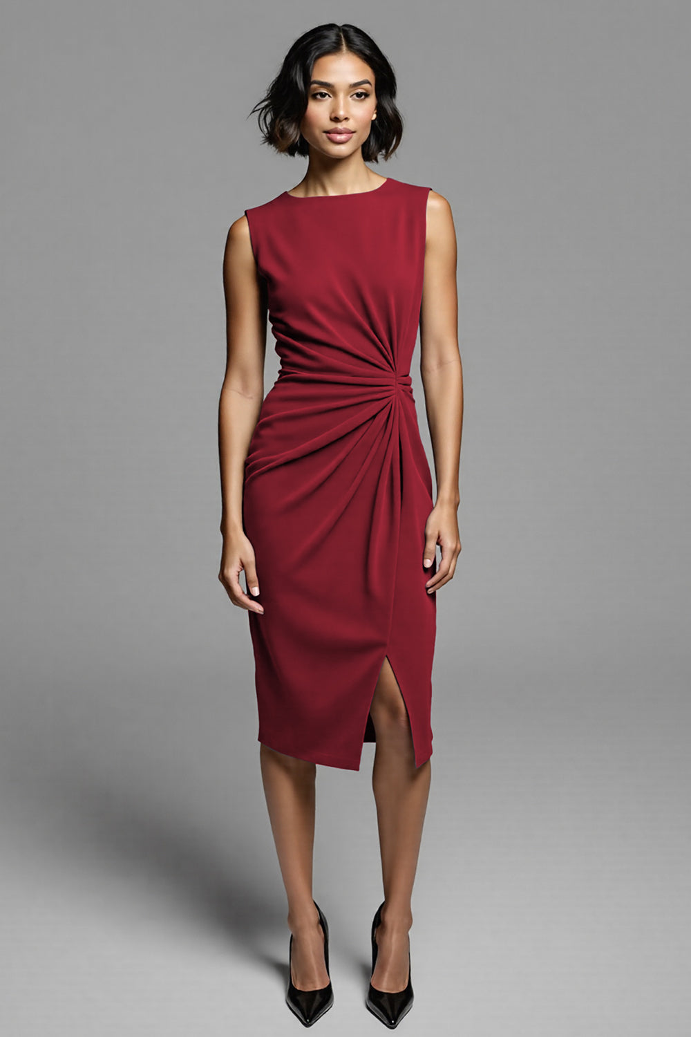 Grey Bodycon Satin Crew Neck Midi Ruched Work Dress with Slit