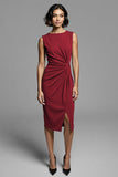 Grey Bodycon Satin Crew Neck Midi Ruched Work Dress with Slit