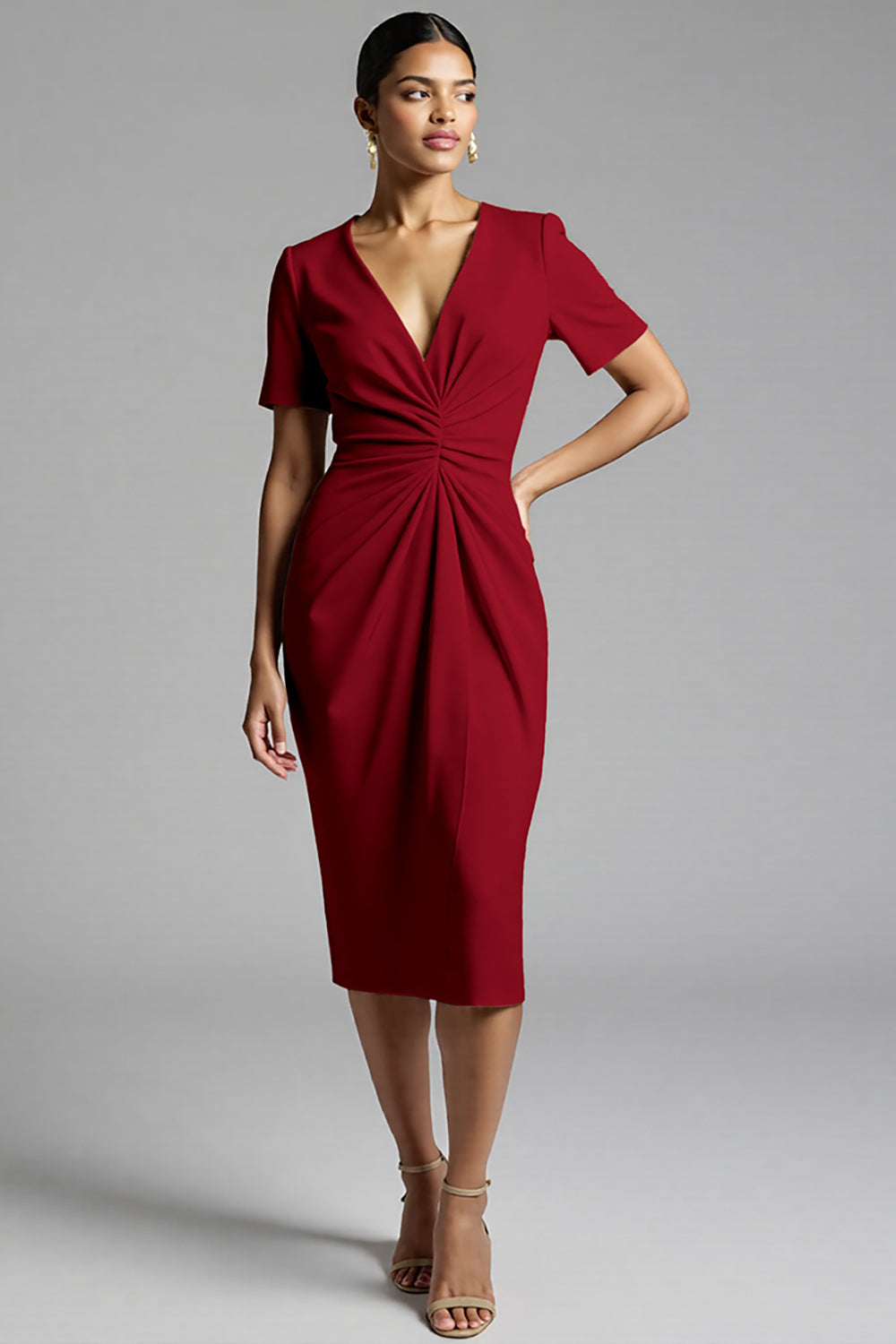 Champagne Bodycon V-Neck Midi Satin Work Dress with Short Sleeves
