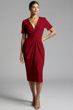Champagne Bodycon V-Neck Midi Satin Work Dress with Short Sleeves