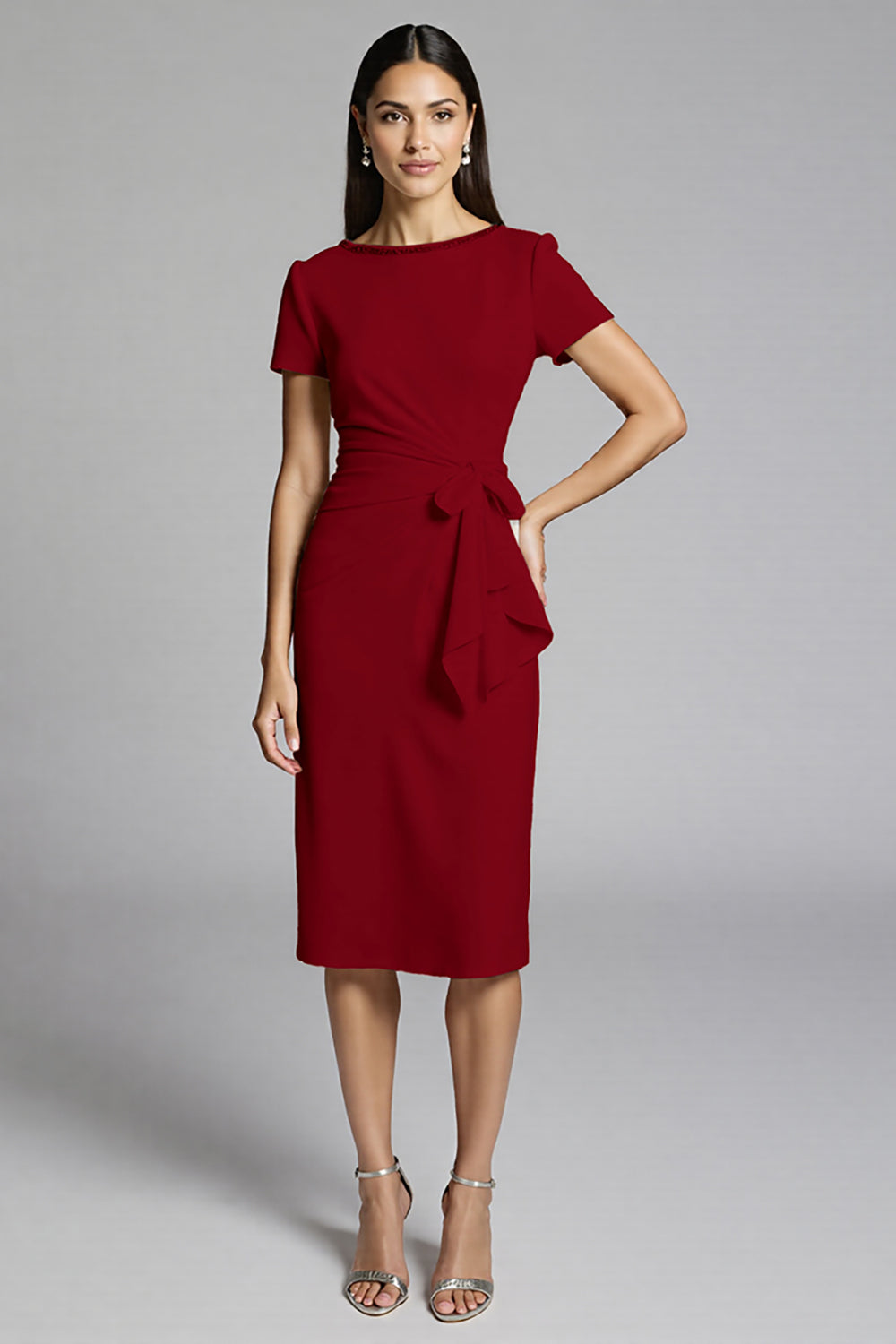 Beige Bodycon Midi Satin Work Dress with Short Sleeves