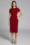 Beige Bodycon Midi Satin Work Dress with Short Sleeves