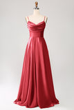 Dusty Sage A Line Cowl Neck Satin Long Prom Dress with Pleated