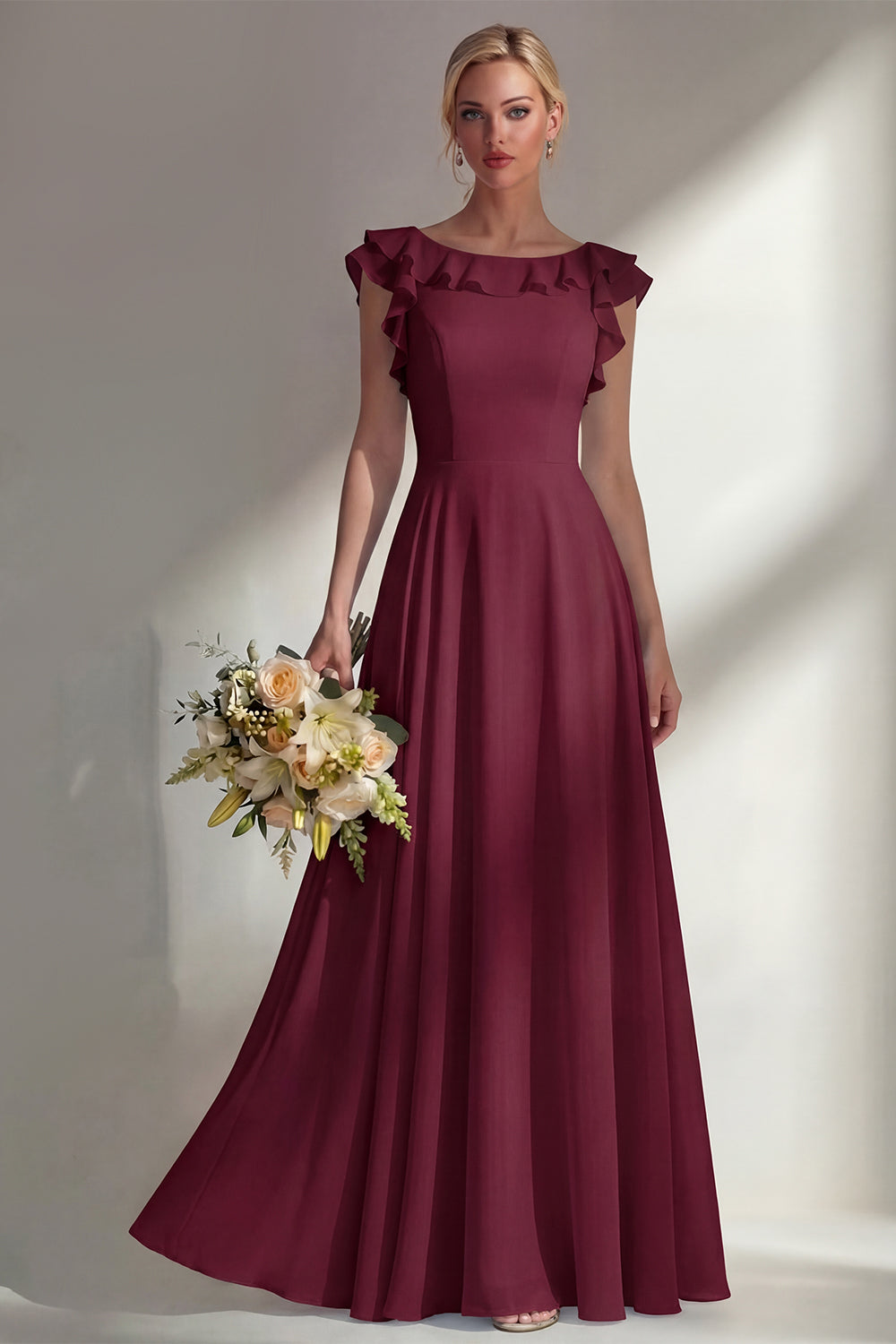 Boat Neck A Line Dusty Blue Long Beach Bridesmaid Dress with Ruffles
