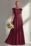 Boat Neck A Line Dusty Blue Long Beach Bridesmaid Dress with Ruffles