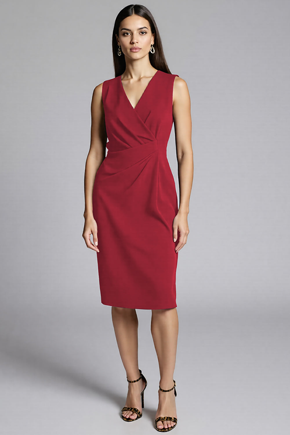 Navy Satin V-Neck Midi Bodycon Work Dress