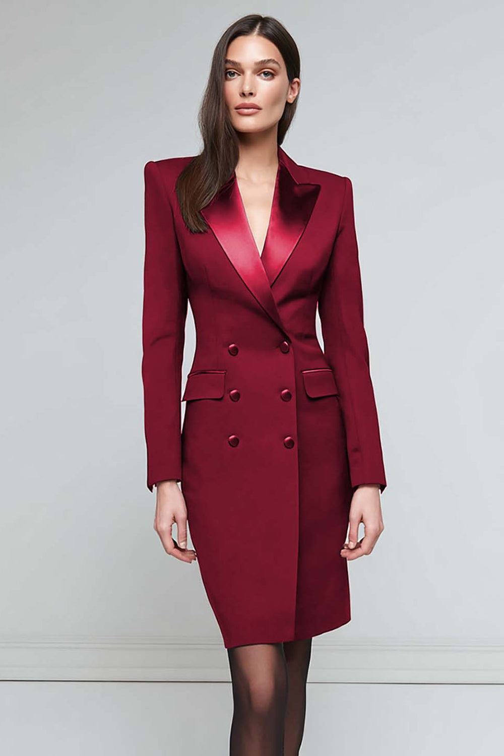 Black Satin Peak Lapel Pencil Short Blazer Dress with Sleeves