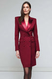 Black Satin Peak Lapel Pencil Short Blazer Dress with Sleeves