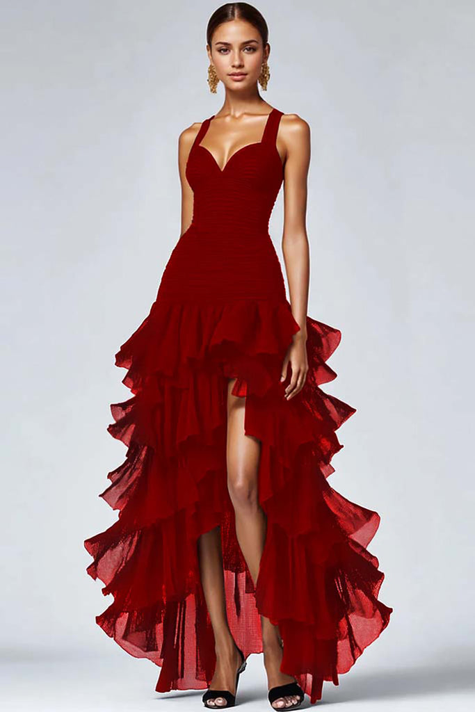 Black Bodycon Spaghetti Straps High-Low Formal Evening Dress With Ruffles main image 1