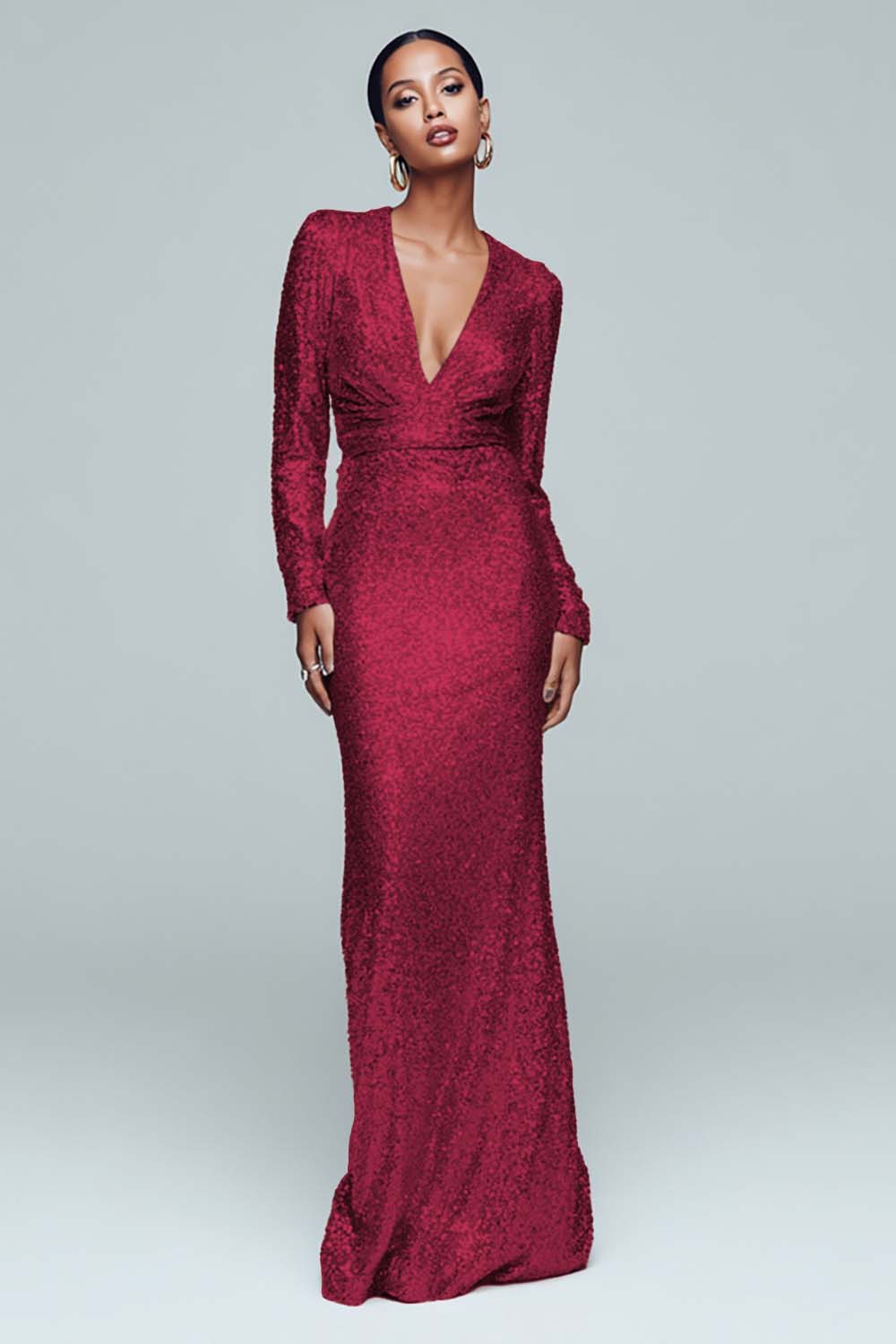 Sparkly Gold Mermaid Sequin V-Neck Long Sleeves Holiday Party Dress