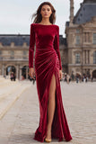 Caramel Velvet Sheath Ruched Long Sleeves Formal Dress with Slit