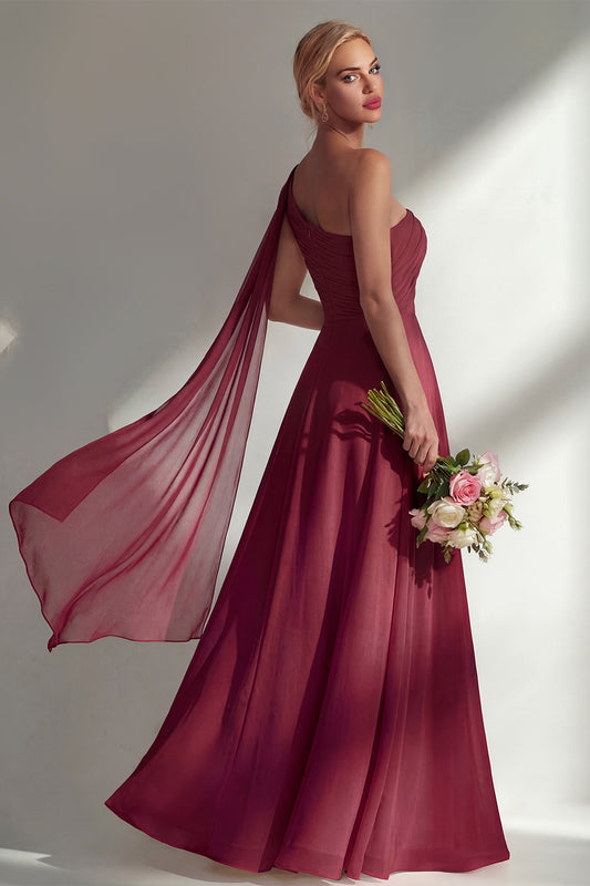 One Shoulder Ruched Burgundy A Line Long Beach Bridesmaid Dress with Side Cape