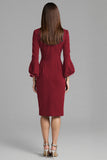 Navy Satin Bodycon Midi Bateau Neck Work Dress with Long Sleeves