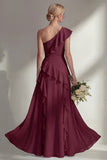 Emerald One shoulder A Line Ruffled Long Beach Bridesmaid Dress with Slit