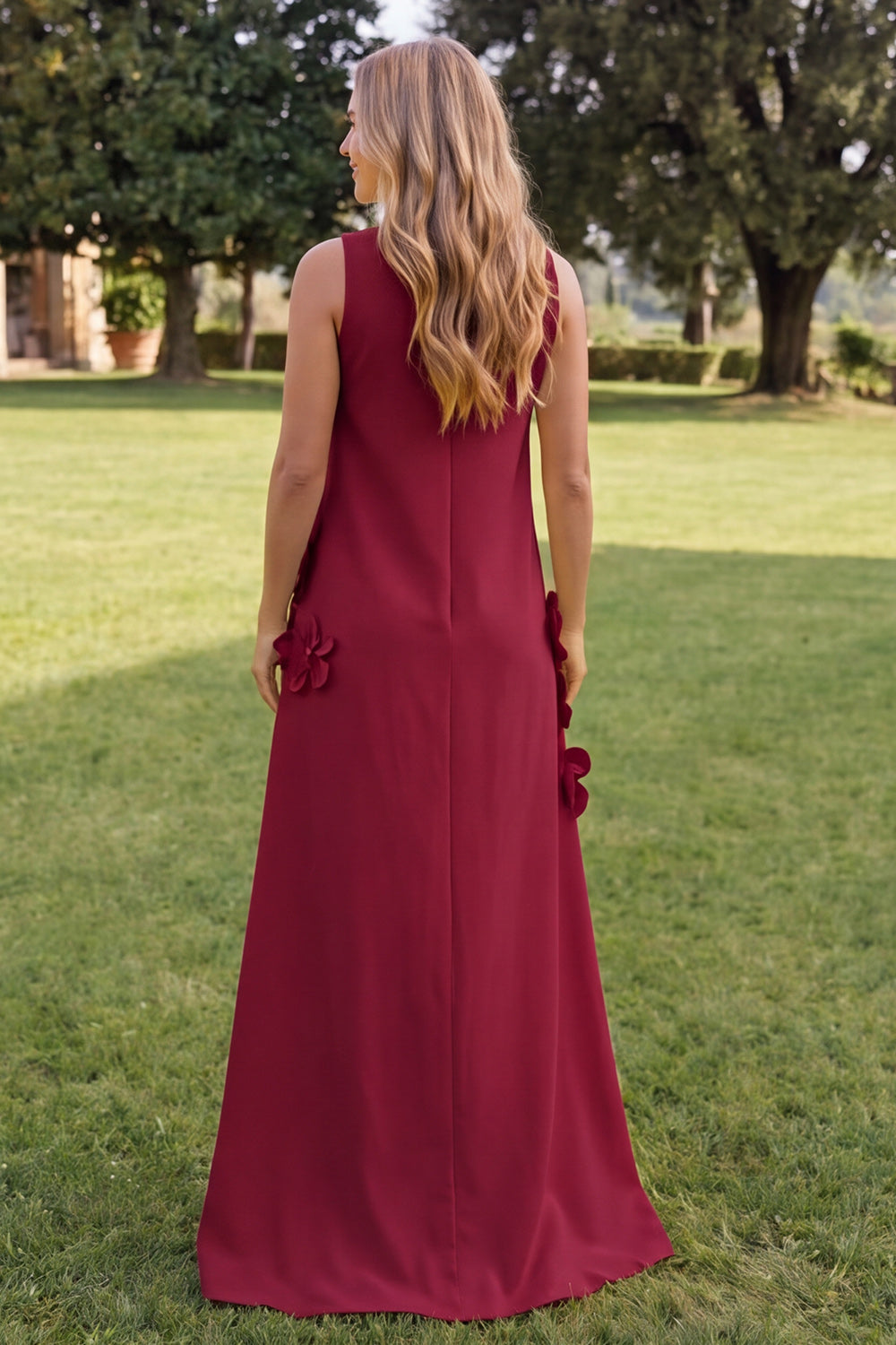 Blue A Line High Neck Floral Long Wedding Guest Dress