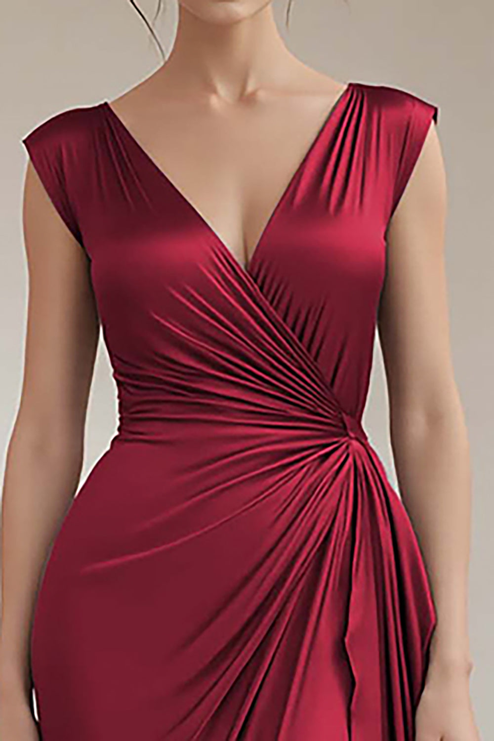 Grey Blue V-Neck Sheath Long Ruched Formal Dress with Ruffles