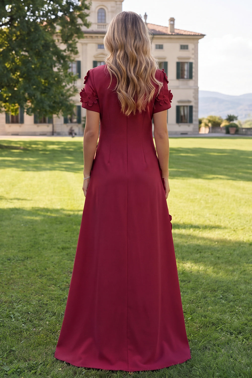 Round Neck Blue A Line Floral Long Wedding Guest Dress with Sleeves