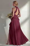 A Line High Neck Ruffled Butter Yellow Long Beach Bridesmaid Dress with Slit