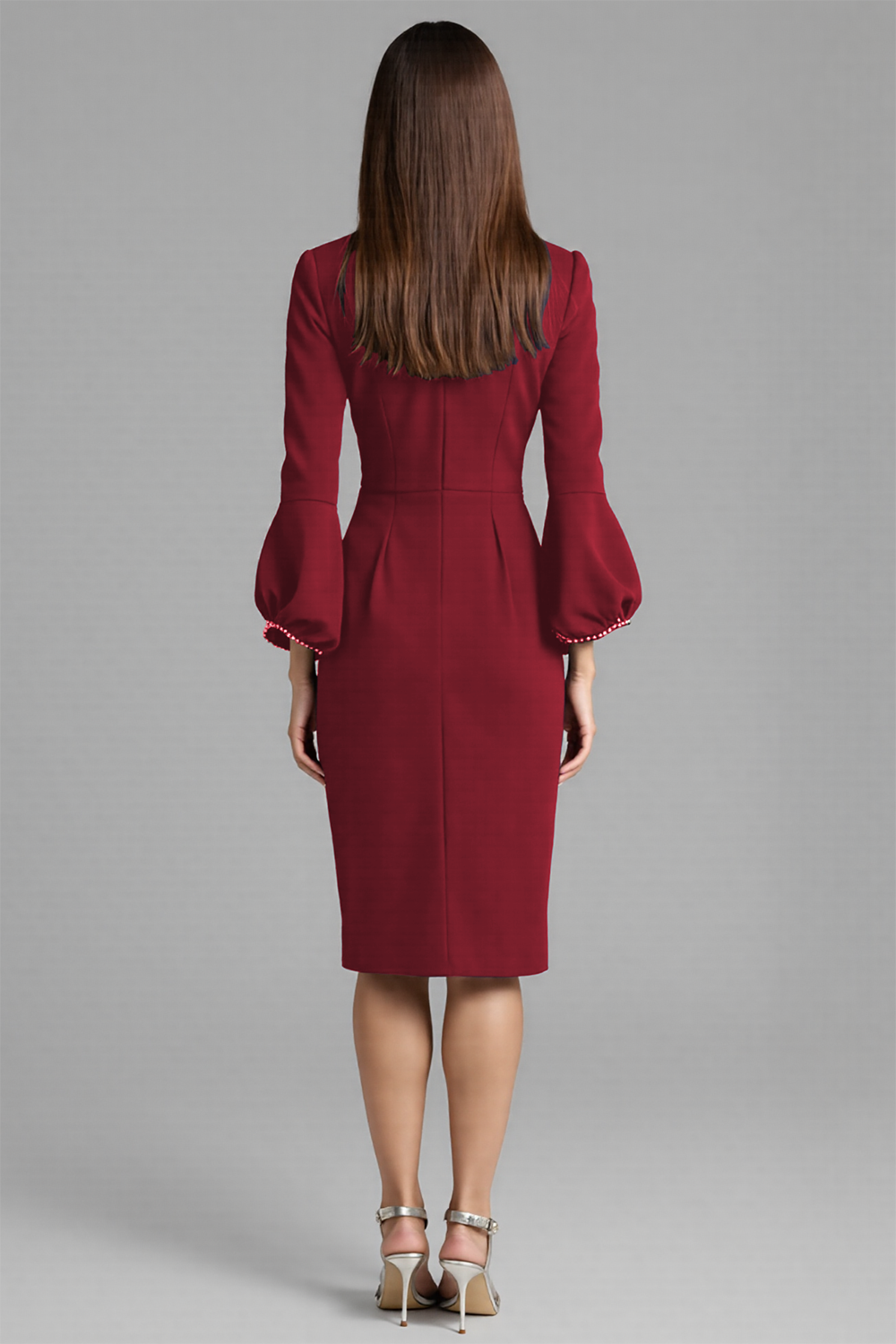 Royal Blue Satin Bodycon Midi V-Neck Work Dress with Sleeves