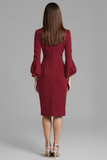 Royal Blue Satin Bodycon Midi V-Neck Work Dress with Sleeves