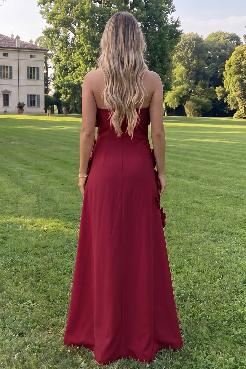 Sage Green A Line Strapless Floral Maxi Wedding Guest Dress