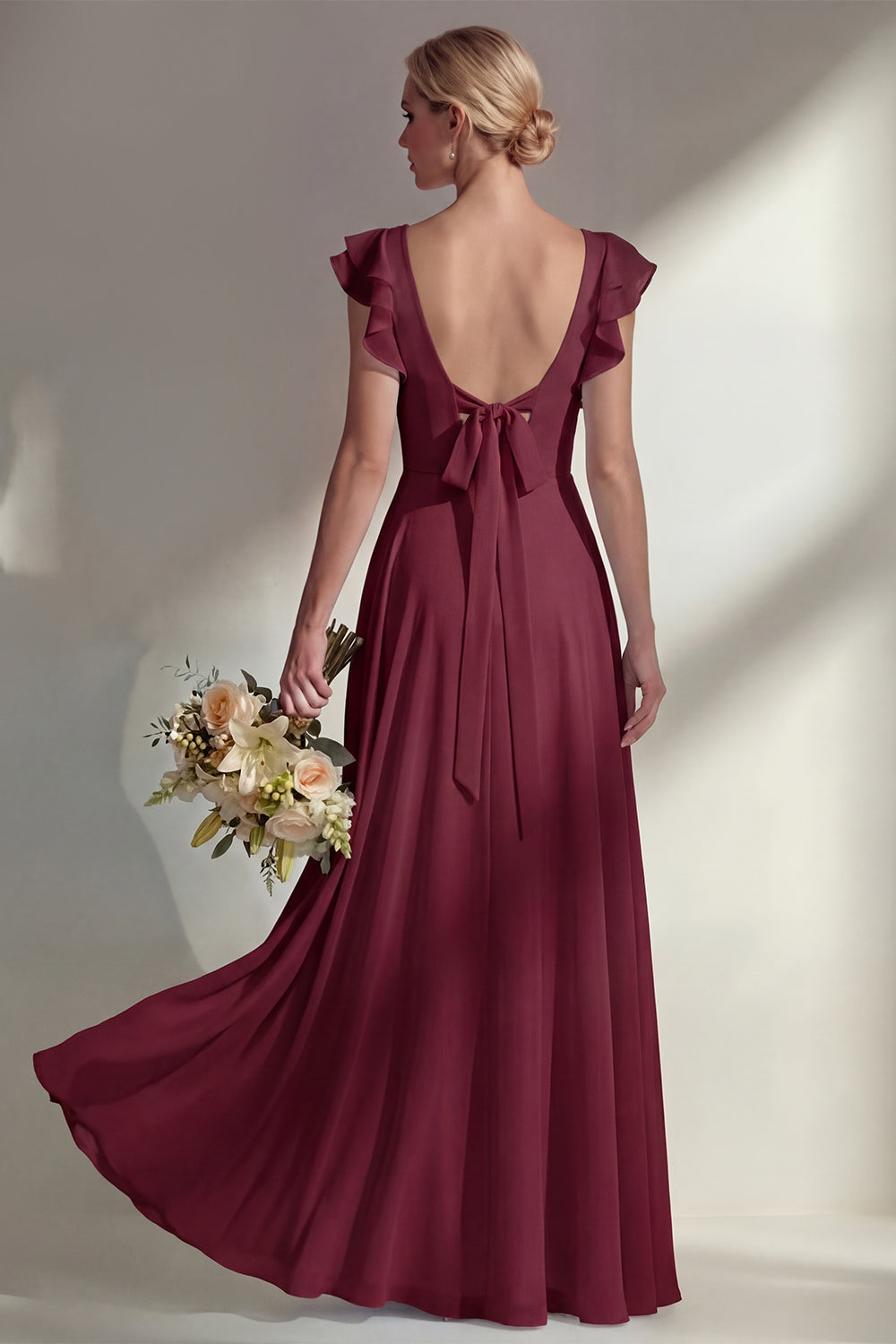 Boat Neck A Line Dusty Blue Long Beach Bridesmaid Dress with Ruffles